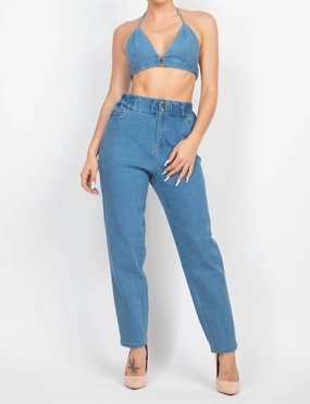 Ready And Willin Baggy Jean And Bralette Set In Blue QuickDry Lining Wide Leg Opening Design