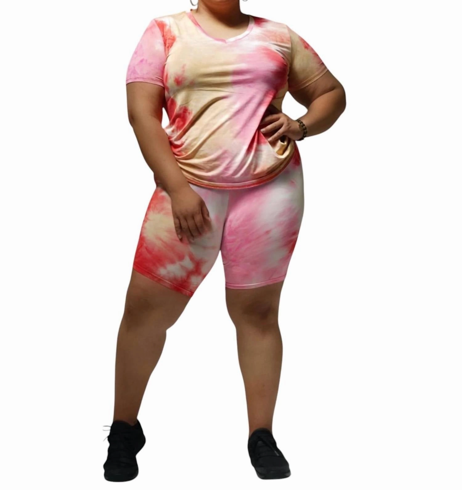 Seamless construction Temperature Regulating Tie Dye V-Neck Short Set In Coral Multi
