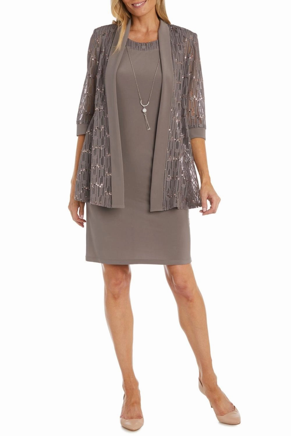 Sequined Lace 3/4 Sleeve Jacket & Dress Set In Mocha Soft Fabric Ribbed Collar Design