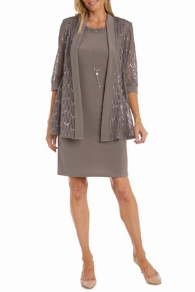 Sequined Lace 3/4 Sleeve Jacket & Dress Set In Mocha Soft Fabric Ribbed Collar Design