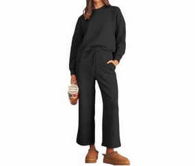 Solid Textured Matching Set In Black Stretch waistband AntiSlip Grip Hem