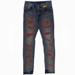 Men's Weft Blowout Denim Skinny Jeans In Red Mid Indigo Chill Outfit Streetwear Fan Holiday Vibes