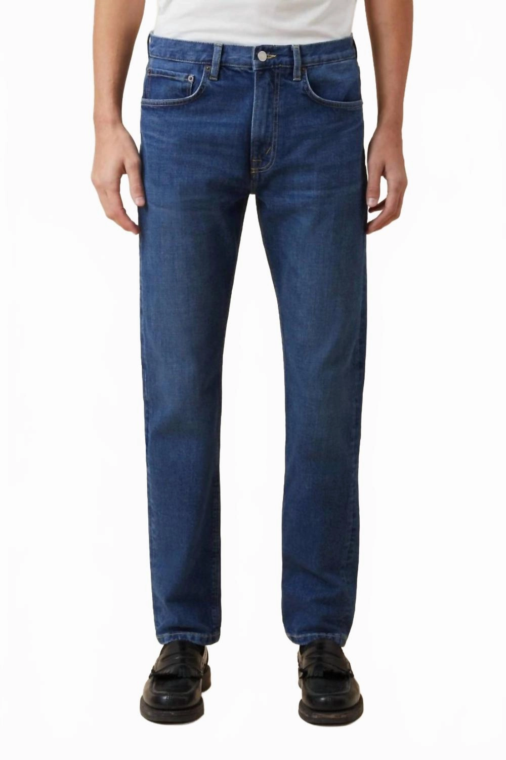 Mid Rise Tapered Denim Jeans In Tom Mid Blue Wash All weather