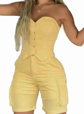 Drop Shoulder Anti Pilling Process Women's Bandeau Top Short Set In Yellow
