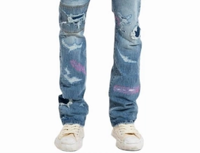 Trend Setter Sunny Vibes Full Repair Flare Bootcut Denim Jeans In Mid Indigo
