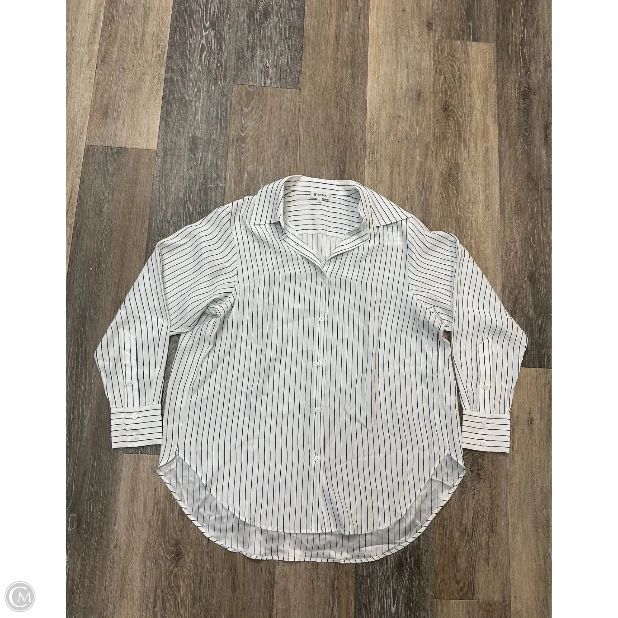 Blouse Long Sleeve By Lily Silk In Striped Pattern, Size: Xs Layered Collar Contrast Stitch Detailing