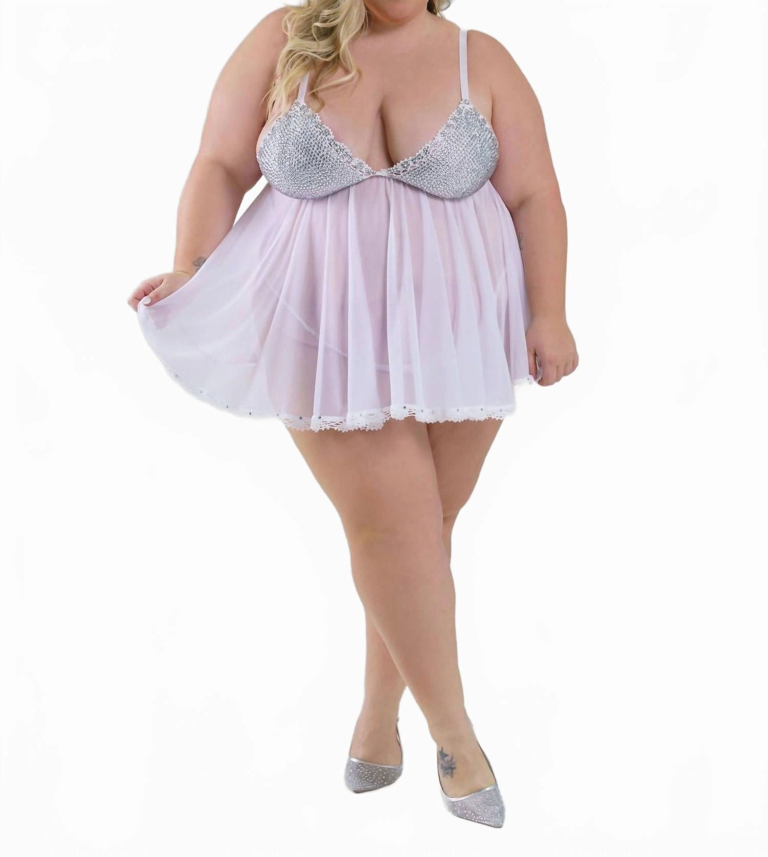 Rhinestone Babydoll Nightwear Set - Plus In White Non Restrictive Waistband