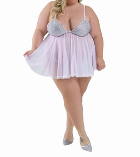 Rhinestone Babydoll Nightwear Set - Plus In White Non Restrictive Waistband