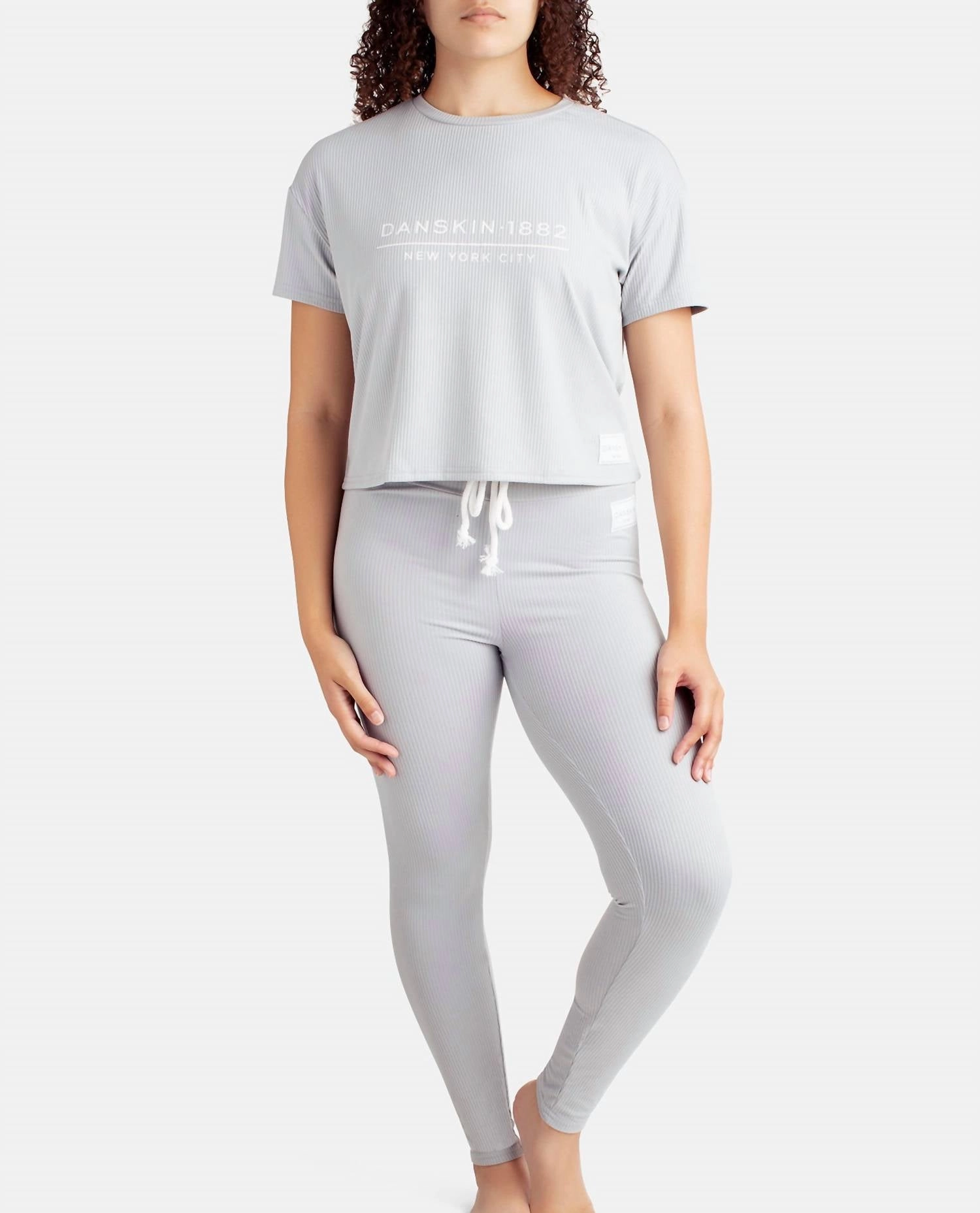 Layered Neckline Stretchable Cuffs Ribbed Boxy Raglan Tee Sleep Set With High Waisted Leggings In Rainstorm