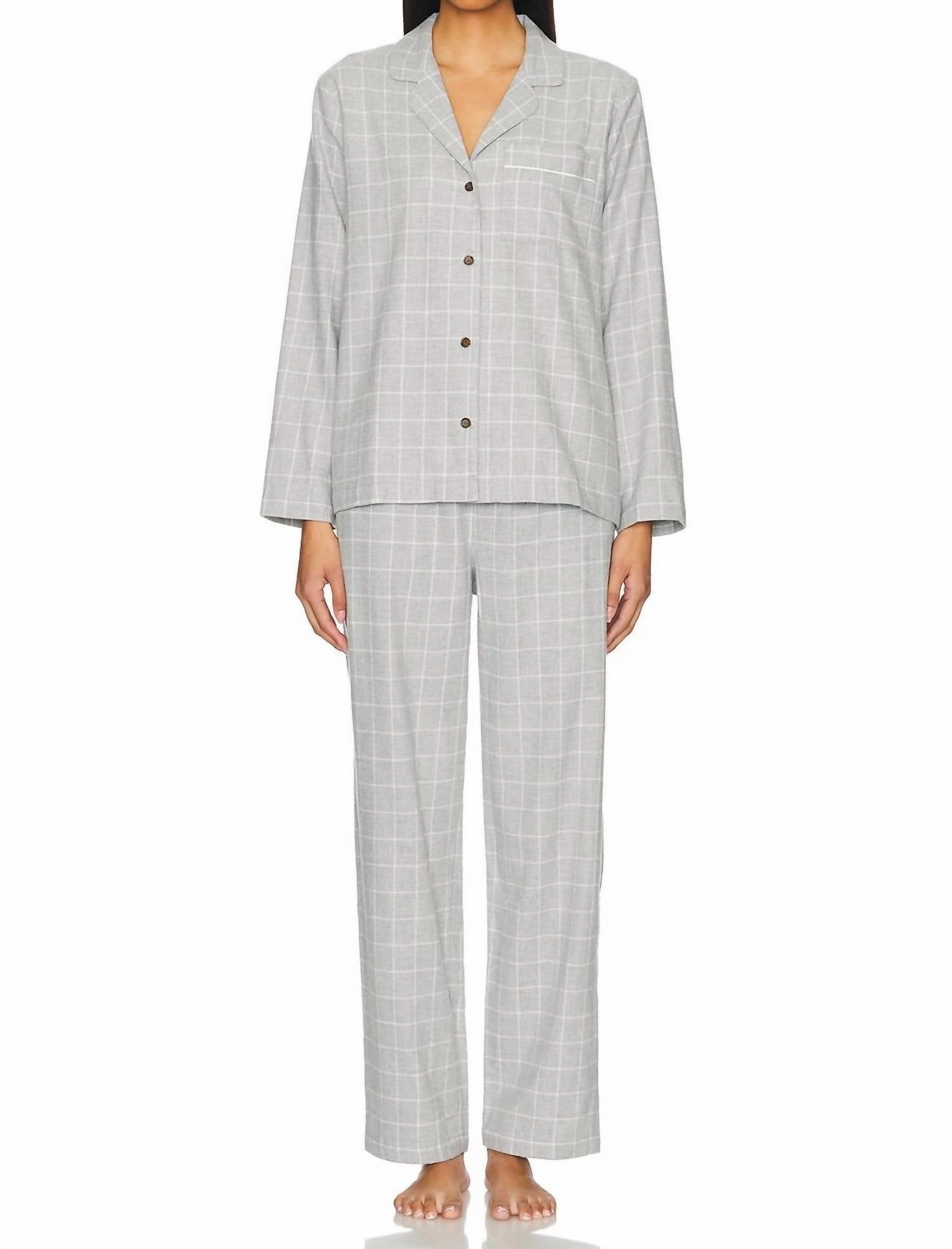 Flannel Long Pj Set In Winter Check Heather Grey Wide Leg Cut Non Irritating Seams