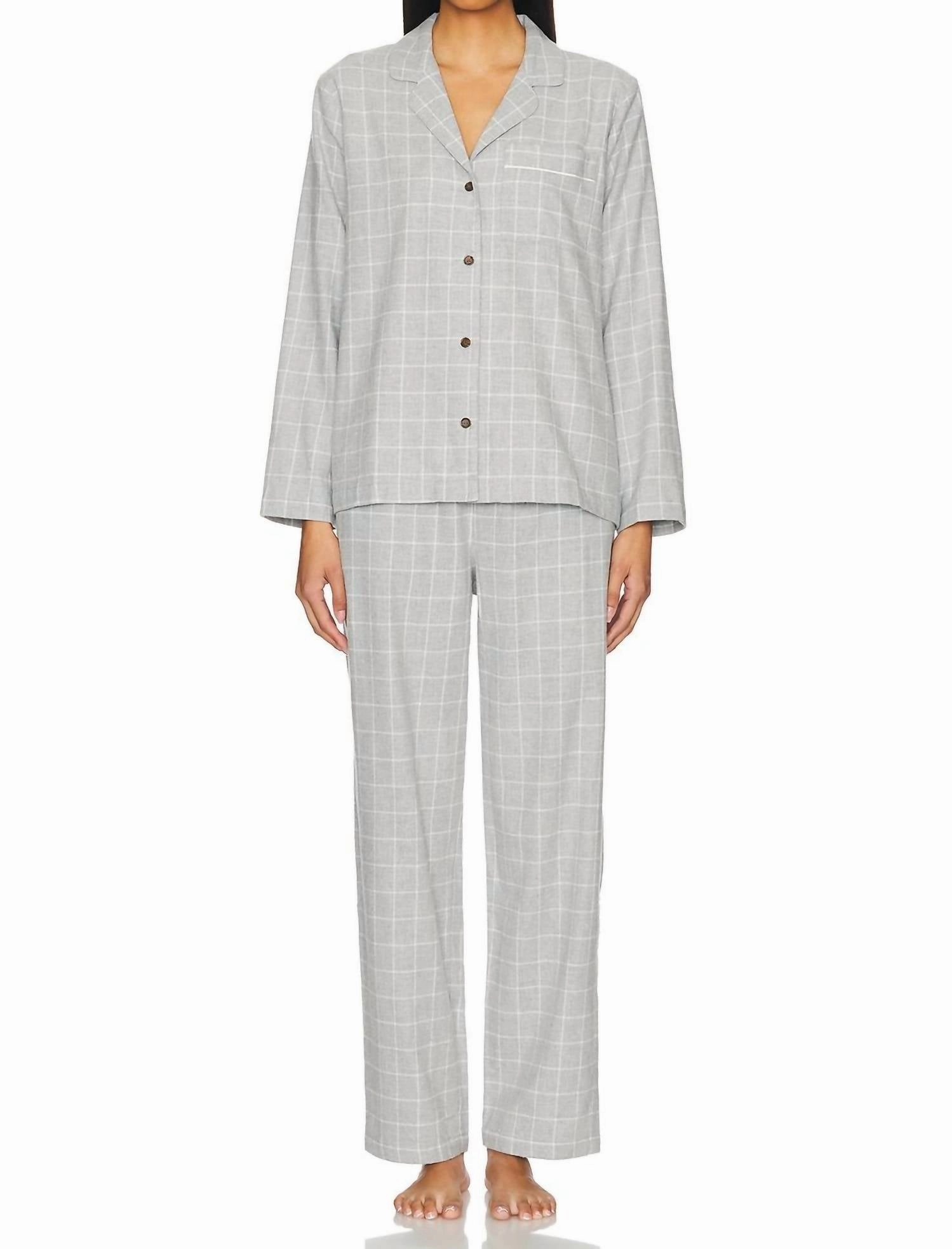 Flannel Long Pj Set In Winter Check Heather Grey Split hem