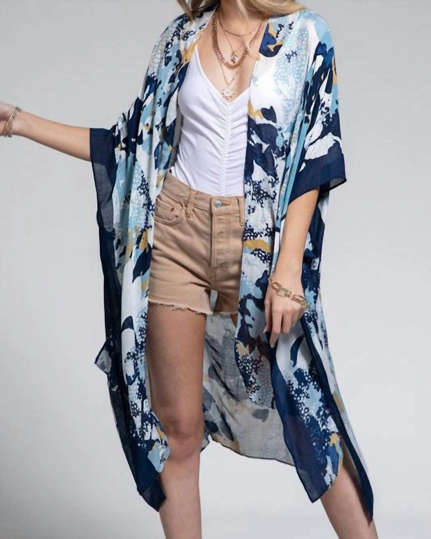 Baby Floral Kimono In Blue Jean Drop Shoulder Construction Ribbed Cuff Ankles