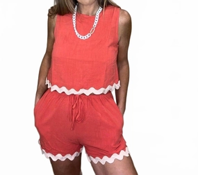 Ric Rac Trim Short Set In Coral Adjustable Cuff Openings High Elasticity Fabric