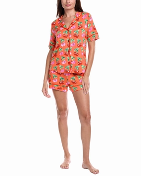 Room Service 2pc Aspen Shirt & Short Pajama Set Stretch Elastic Waistband