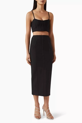 Rose Crop Top & Midi Skirt Set In Black QuickDry Material