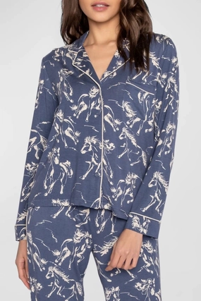 Reinforced Seam Durability Organic Cotton Blend Run Wild Pajama Long Sleeve Top In Dark Denim