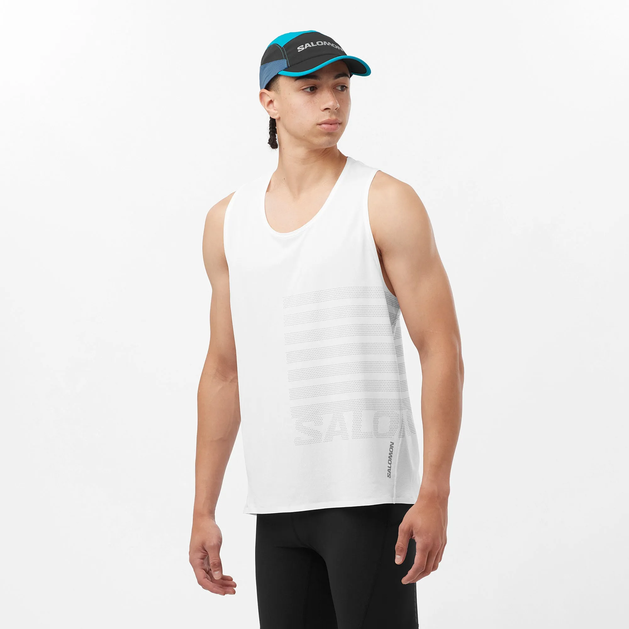 Salomon | Men's Sense Aero GFX Singlet - White/Peacock Blue High Collar Design Anti Static Finish