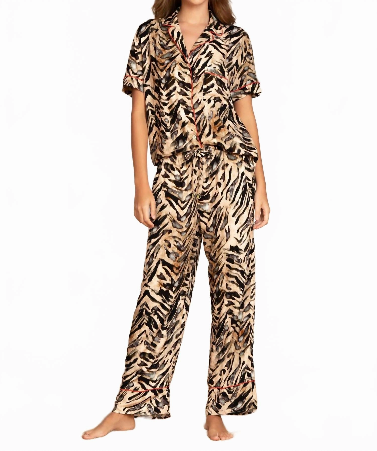 Sand Zebra Kameli Top And Pant Set In Black Layered Texture elastic waistband