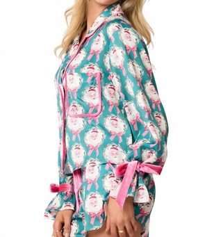 Santa Pj Top In Teal wrinkle free finish Hypoallergenic fabric