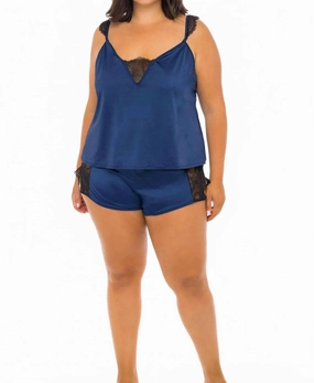 Saskia Lace Camisole & Short Set - Plus In Estate Blue / Black Breathable Mesh Panels Midweight Fabric