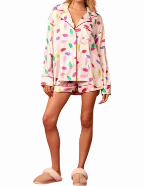 MultiPurpose Loungewear Satin Christmas Lights Prints Pajama Set In Off White
