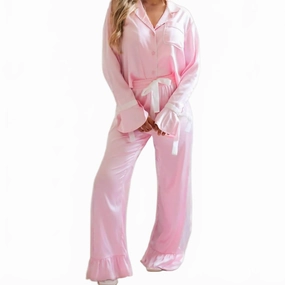 Satin Top With Bows & Ruffled Pants Lounge Set In Soft Pink Lightweight Knit Flexible Elastic Seams
