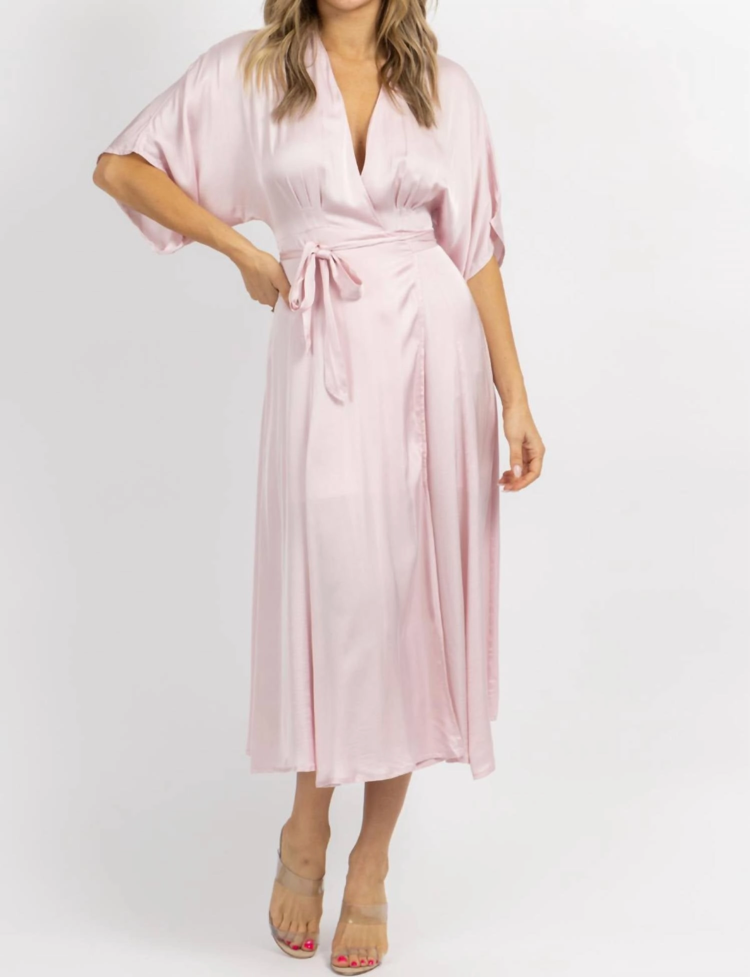 Satin Wrap Midi Dress In Pale Pink Eco Friendly Design Lightweight Material