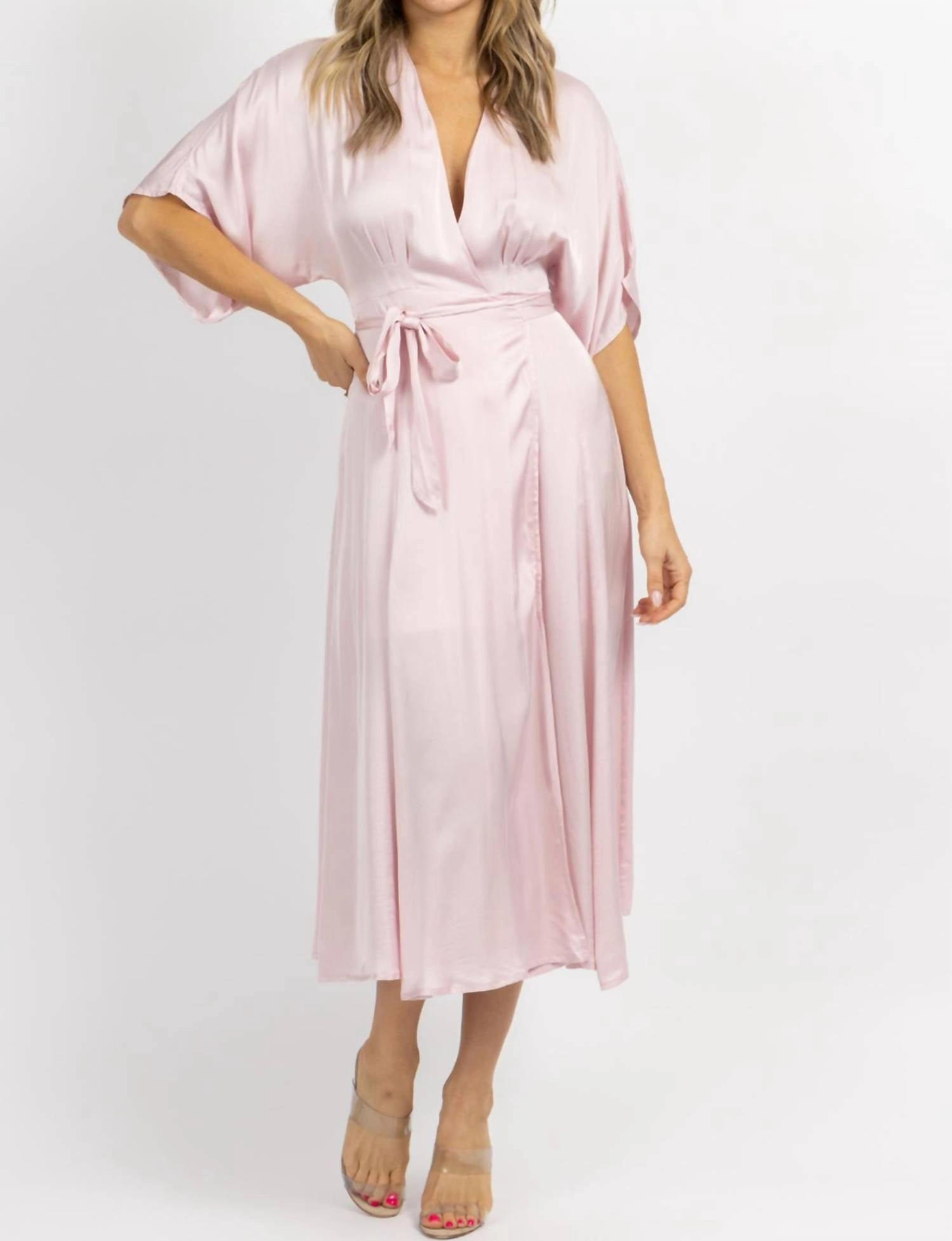 Tear Resistant Material Satin Wrap Midi Dress In Pale Pink