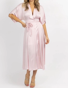 Satin Wrap Midi Dress In Pale Pink Eco Friendly Design Lightweight Material