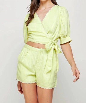 Scallop Embroidered Wrap Linen Set Shorts In Light Yellow Soft touch finish NoRoll Waistband Design