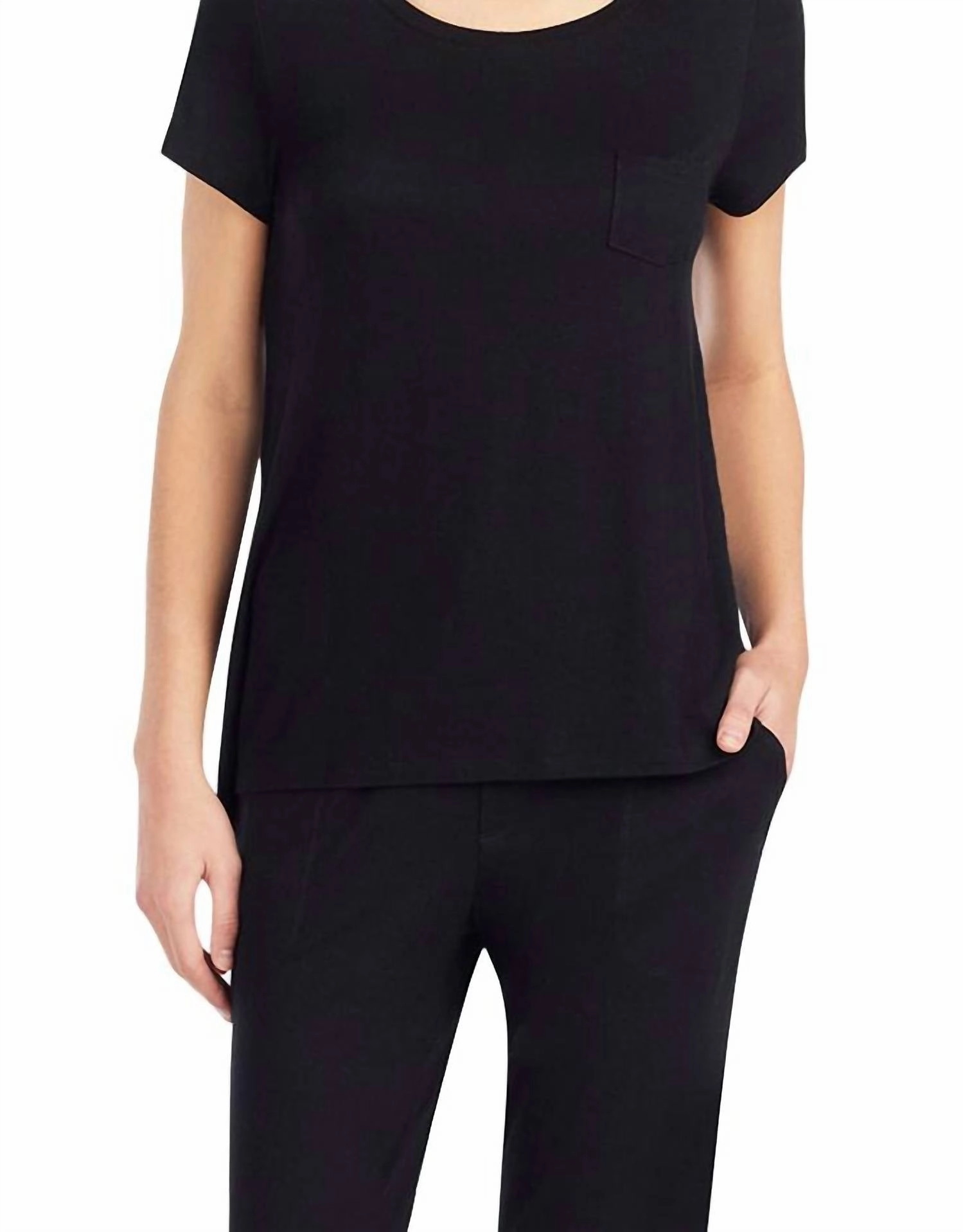 Scoop Neck Front Pocket Short Sleeve Sleep Pajama Top In Black Jersey Fabric