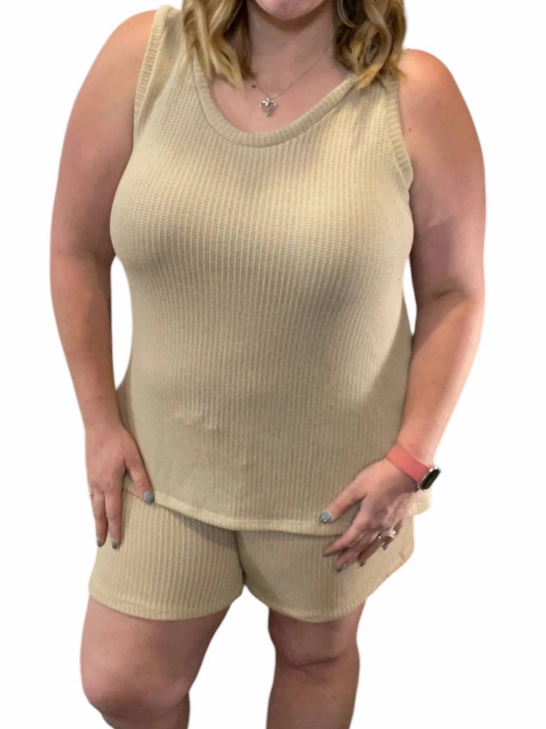 Midweight Knit High Neckline Scoopneck Pocket Short Lounge Set In Stone