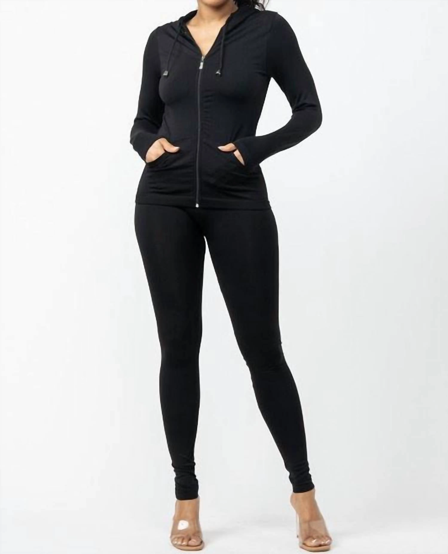 Textured Ribbed Collar Seamless Hoodie And Legging Lounge Set In Black