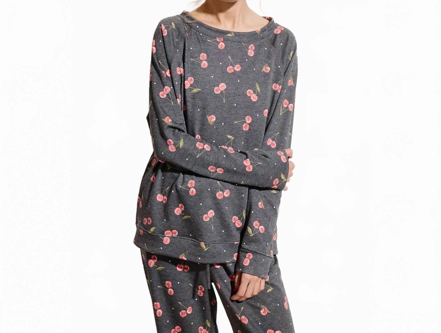 Midweight Knit Reinforced Hems All Over Cherry Lounge Top & Pant Set In Gray