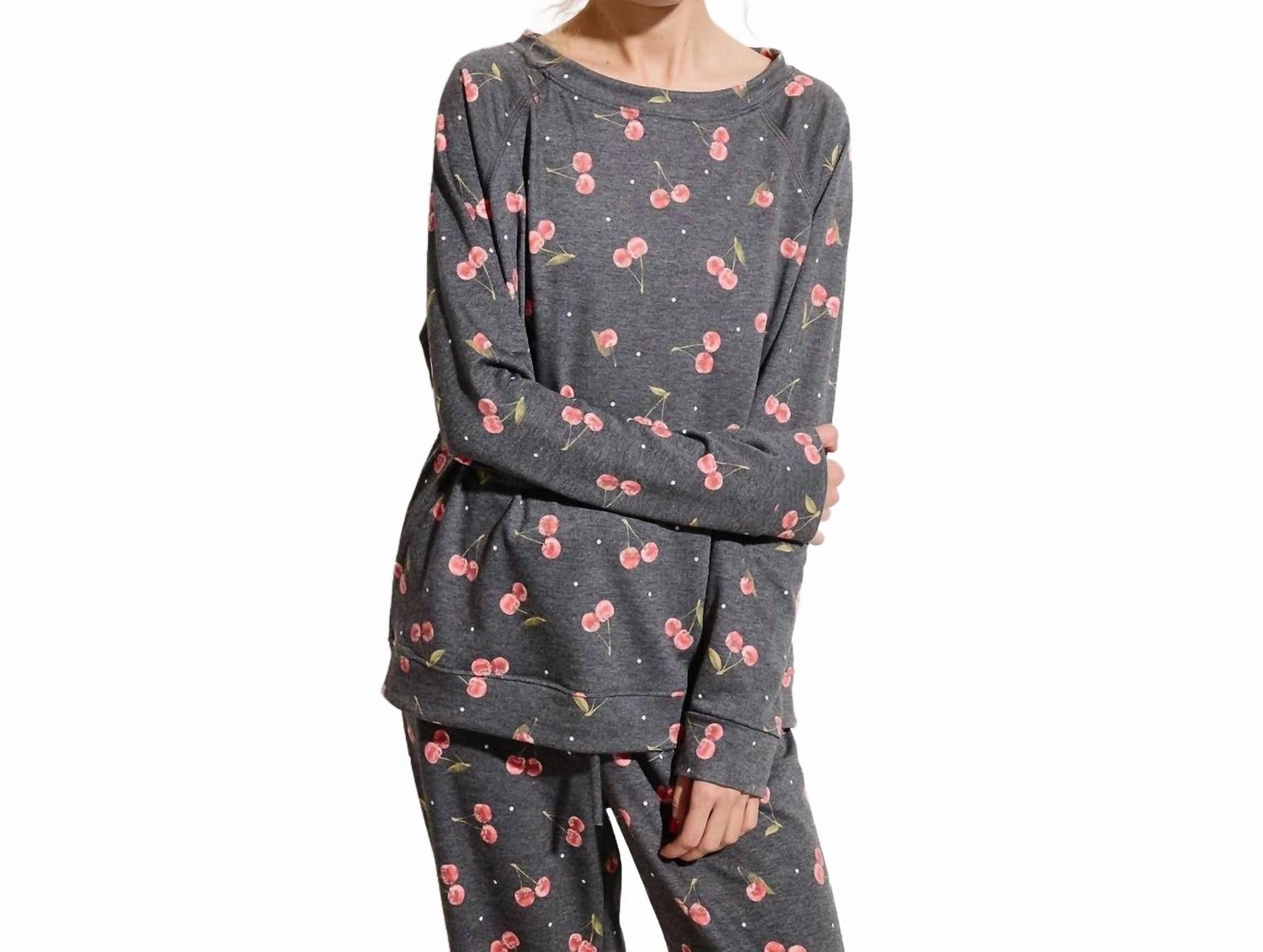 All Over Cherry Lounge Top & Pant Set In Gray Relaxed Silhouette Lightweight Jersey Knit