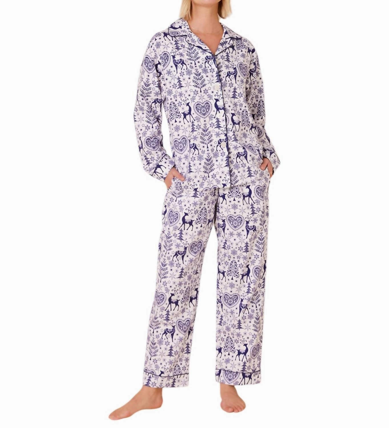Holly Jolly Pima Flannel Pajama Set In Blue Odor Resistant Tech Multi Directional Stretch