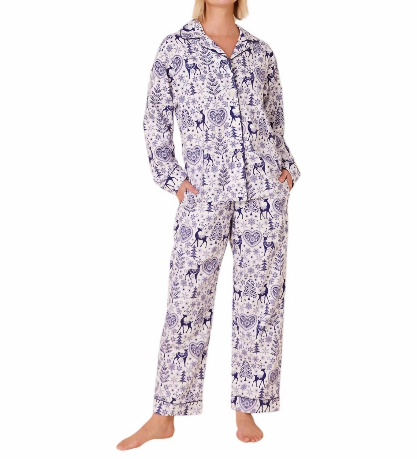 Holly Jolly Pima Flannel Pajama Set In Blue Unisex Sizing Smooth zipper closure