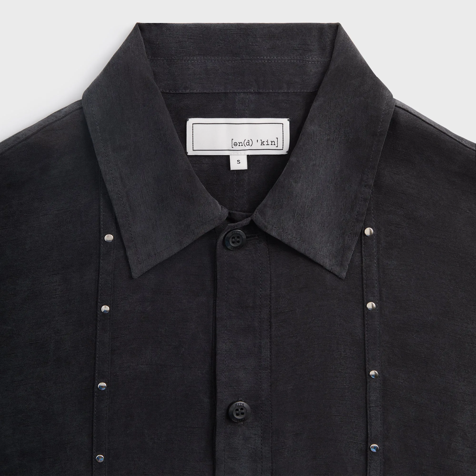 &Kin Ribbon Long Sleeve Boxy Collared Overshirt - Black Subtle pattern Wrinkle Free Care
