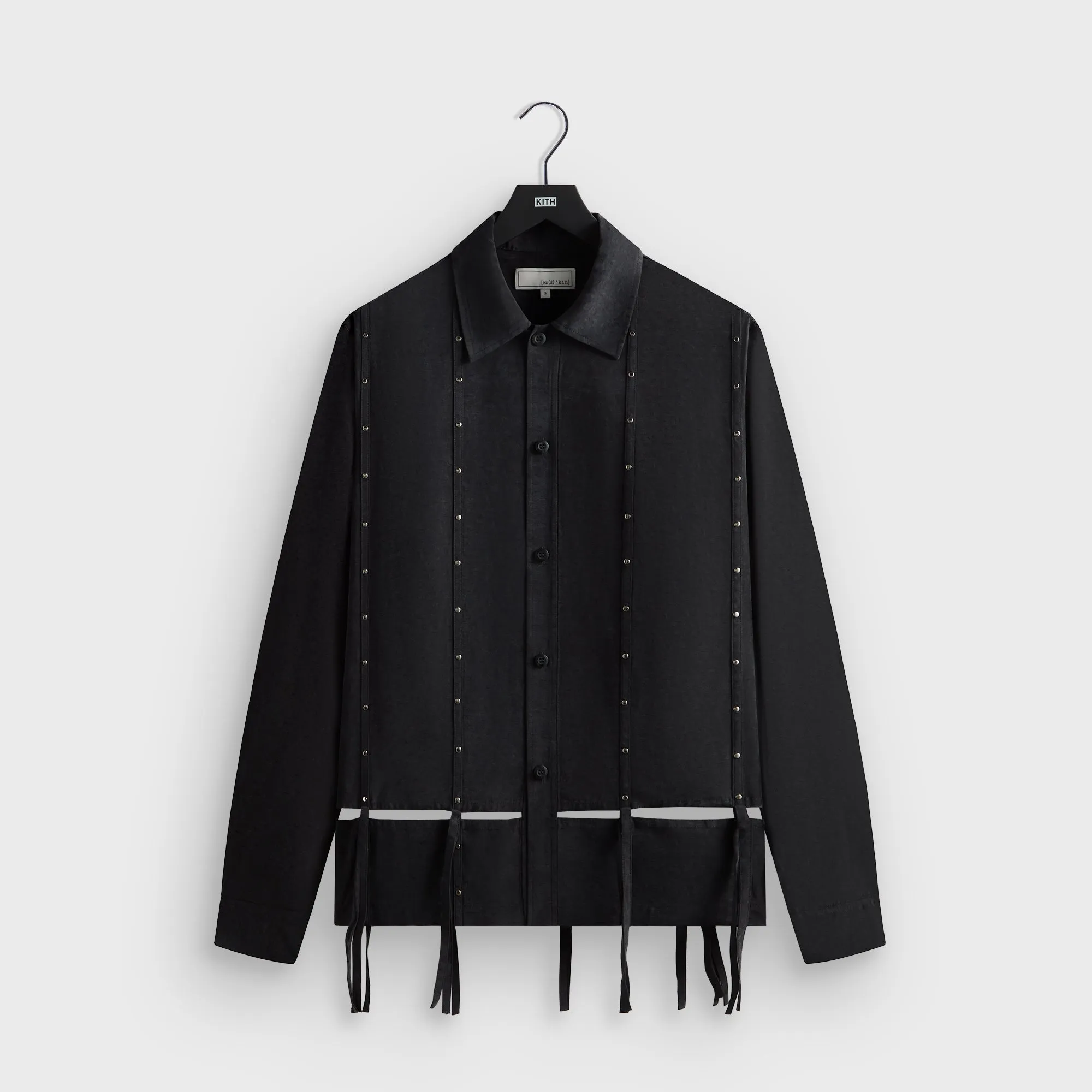 Spring Collection Loose Fit &Kin Ribbon Long Sleeve Boxy Collared Overshirt - Black