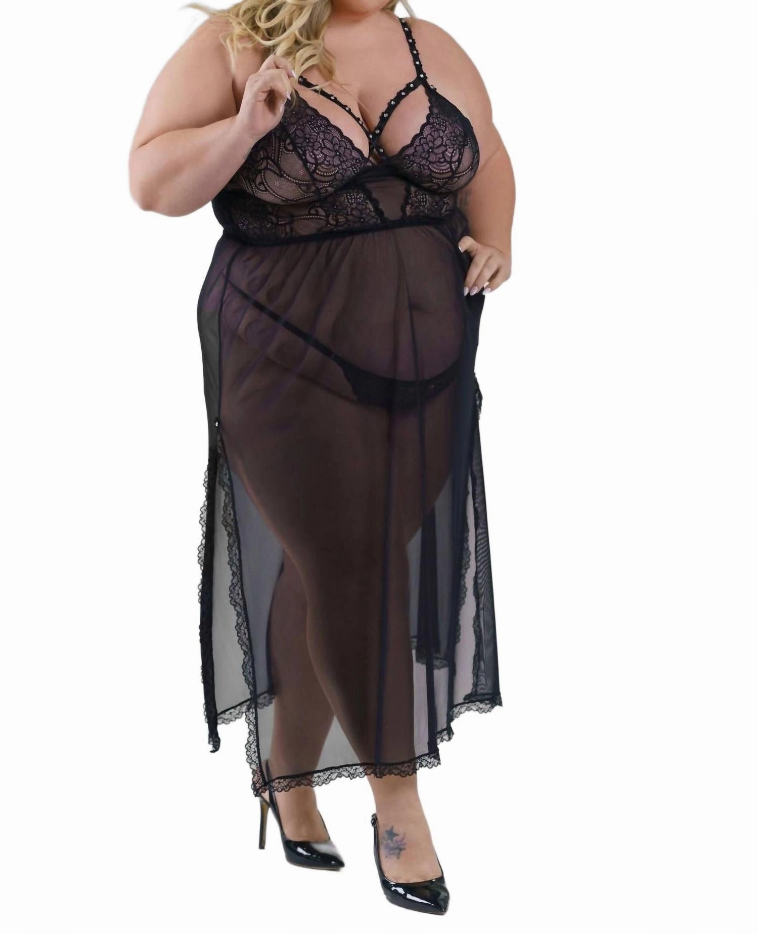 Sheer Long Nightwear Gown - Plus In Black Skin Temperature Control Midweight Knit