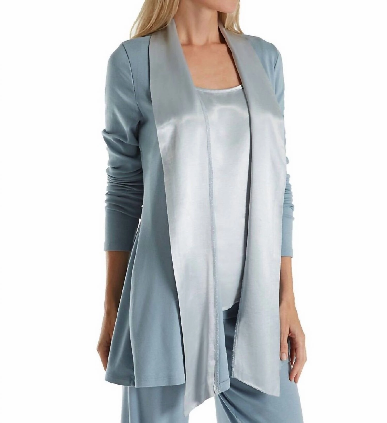 Layered Collar Shelby Satin Trimmed Robe With Pockets In Morning Blue