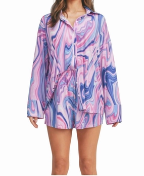 Skin Temperature Control Shirt And Short Set In Pink & Blue Multi