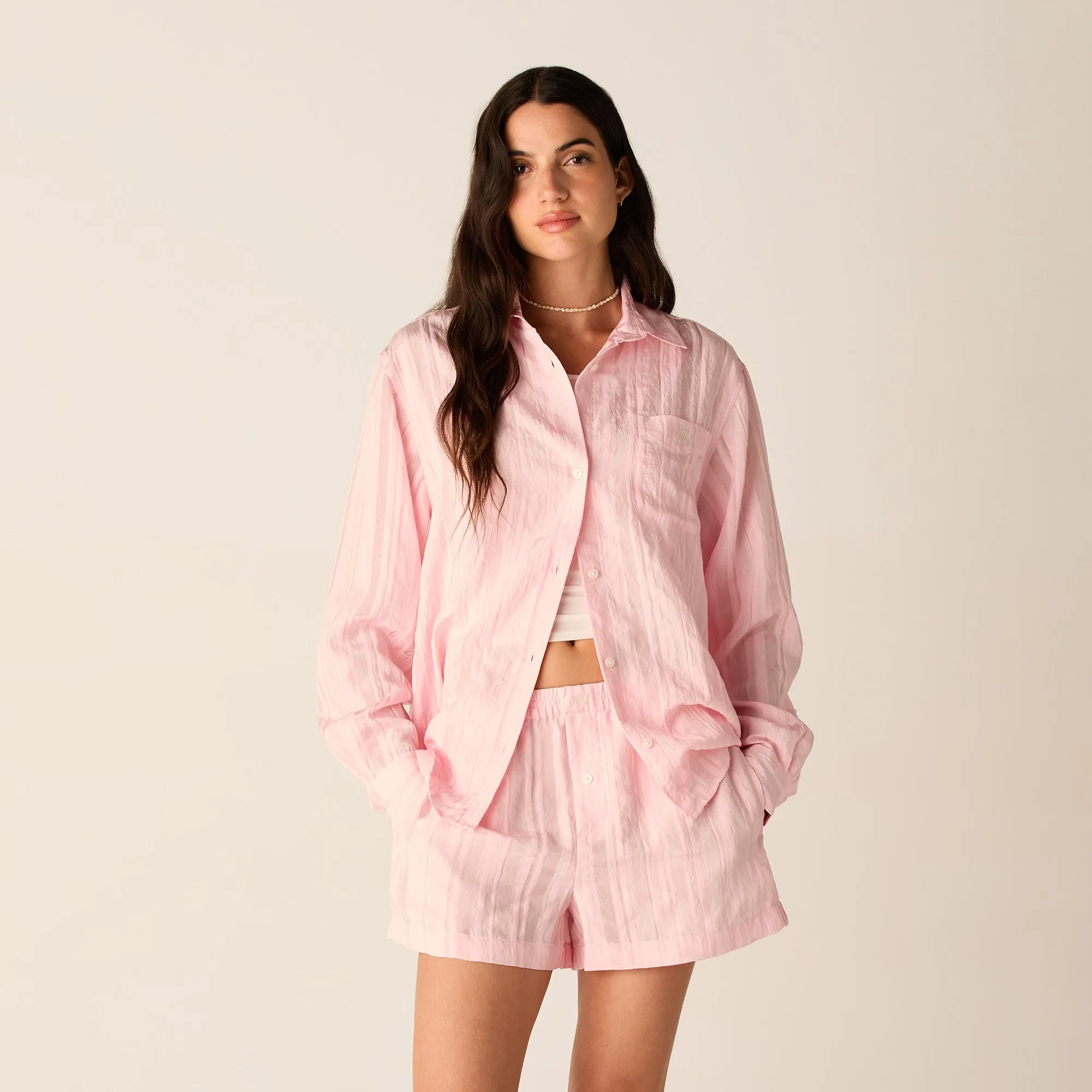 Double Stitched Hems Youth fashion Kith Women Ora II Sheer Stripe Shirt - Abelia