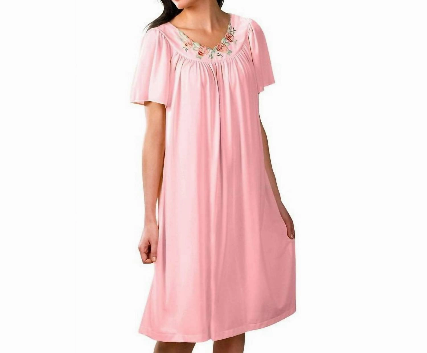 Layered Texture Short Gown With Flower Petal Embroidery And Flutter Sleeves In Pink