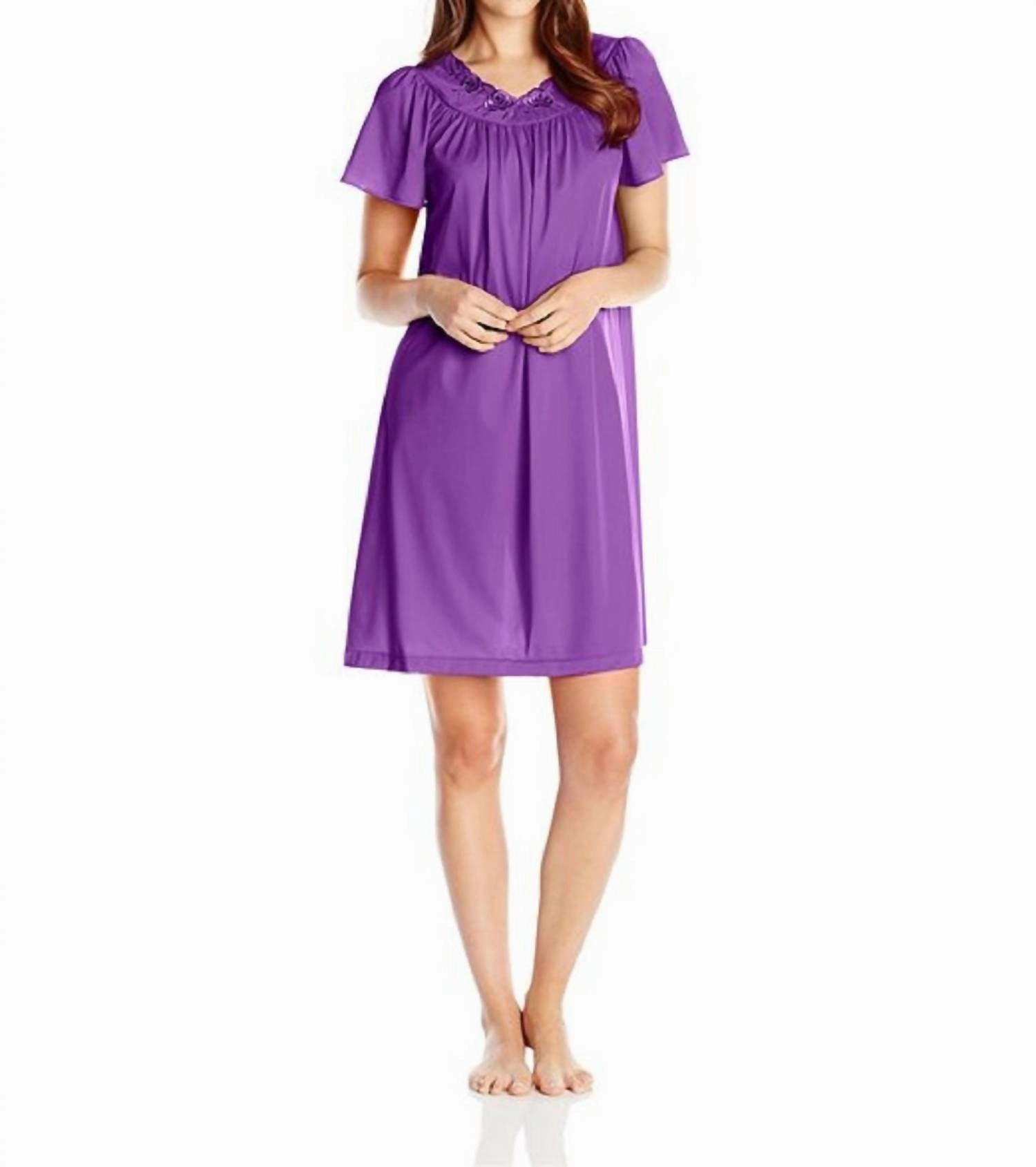 Short Gown With Flower Petal Embroidery And Flutter Sleeves In Purple Adjustable Drawcord Hem Layered Look Design