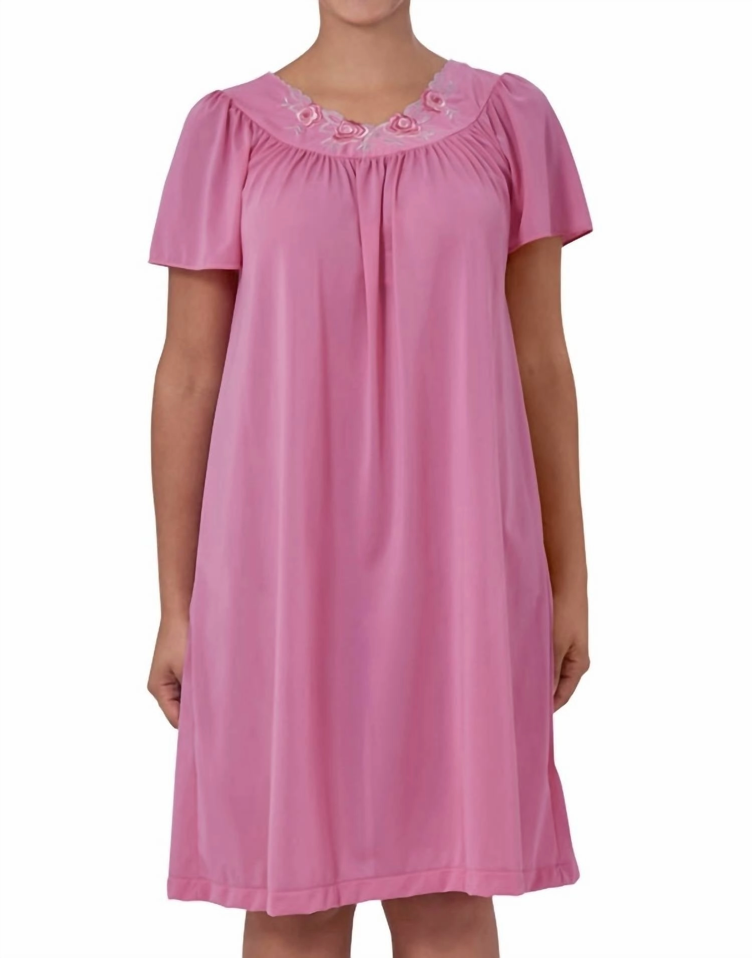 Cozy Thermal Insulation Waffle Knit Texture Short Gown With Flower Petal Embroidery And Flutter Sleeves In Rosey Pink