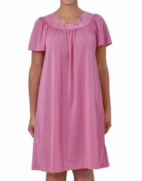 Short Gown With Flower Petal Embroidery And Flutter Sleeves In Rosey Pink Ribbed Cuff Ankles High Rise Fit