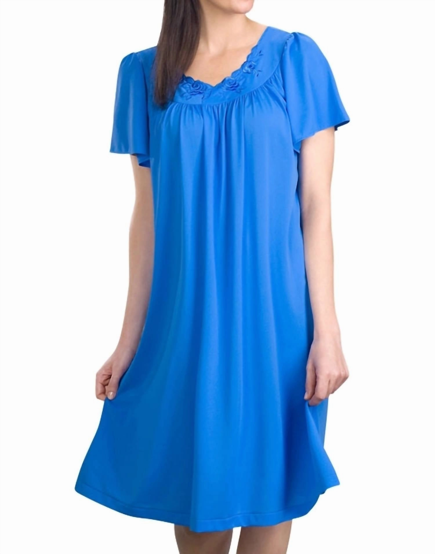 Stretch Material Short Gown With Flower Petal Embroidery And Flutter Sleeves In Sapphire
