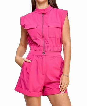 Short Sleeve Pocket Vest Top With Rolled Up Short Set In Hot Pink Cozy Midweight Fabric