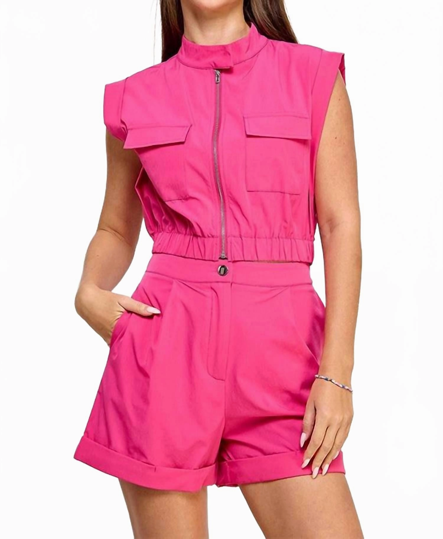 Sustainable Manufacturing Short Sleeve Pocket Vest Top With Rolled Up Short Set In Hot Pink